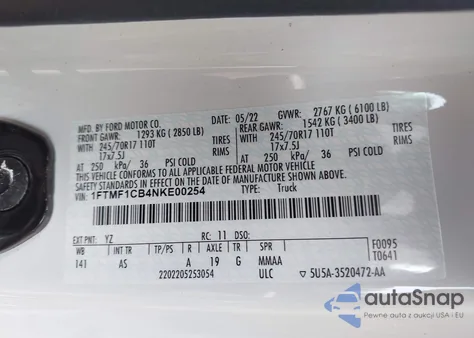 2022 Ford F-150 Xl z USA, uszkodzony, nr VIN 1FTMF1CB4NKE00254